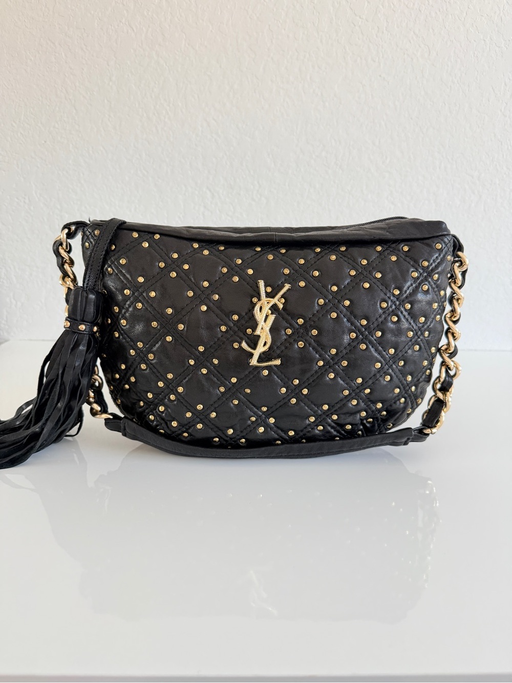 Black Quilted Studded Leather Shoulder Bag